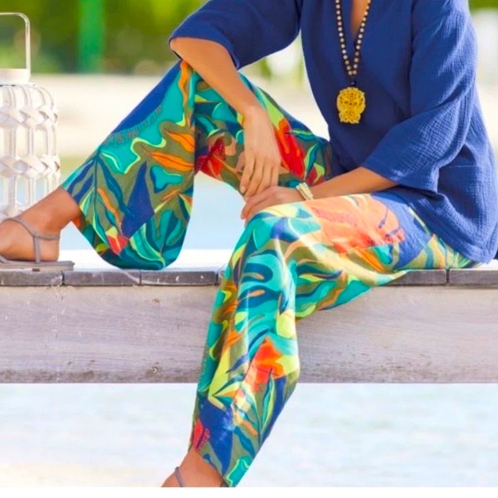 Soft Surroundings Tropical Print Wide Leg Pants in Teal, Blue & Orange